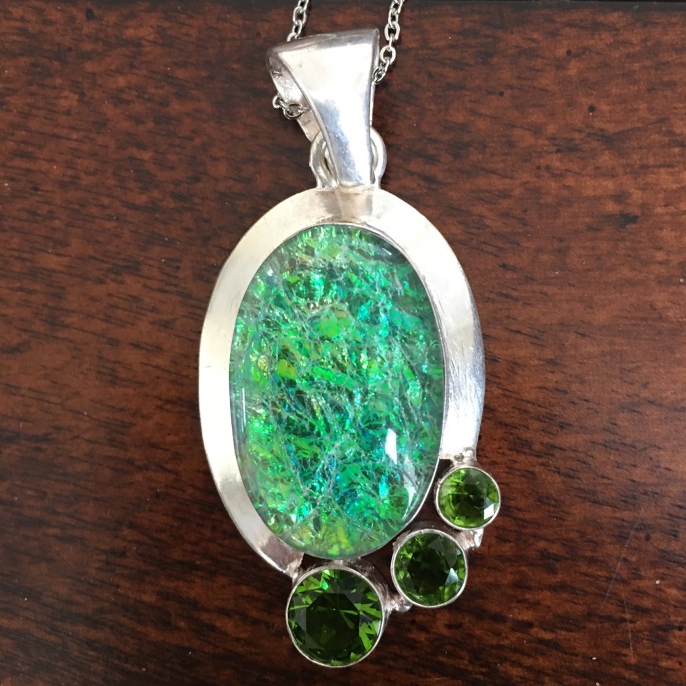 Ammolite peridot solid sterling silver pendant - Picture 6 of 10